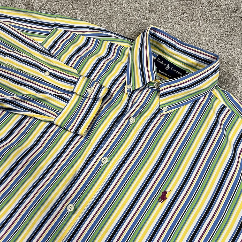 VTG Ralph Lauren Shirt L Candy Stripe Classic Fit‎ Button Down Cotton Polo Logo